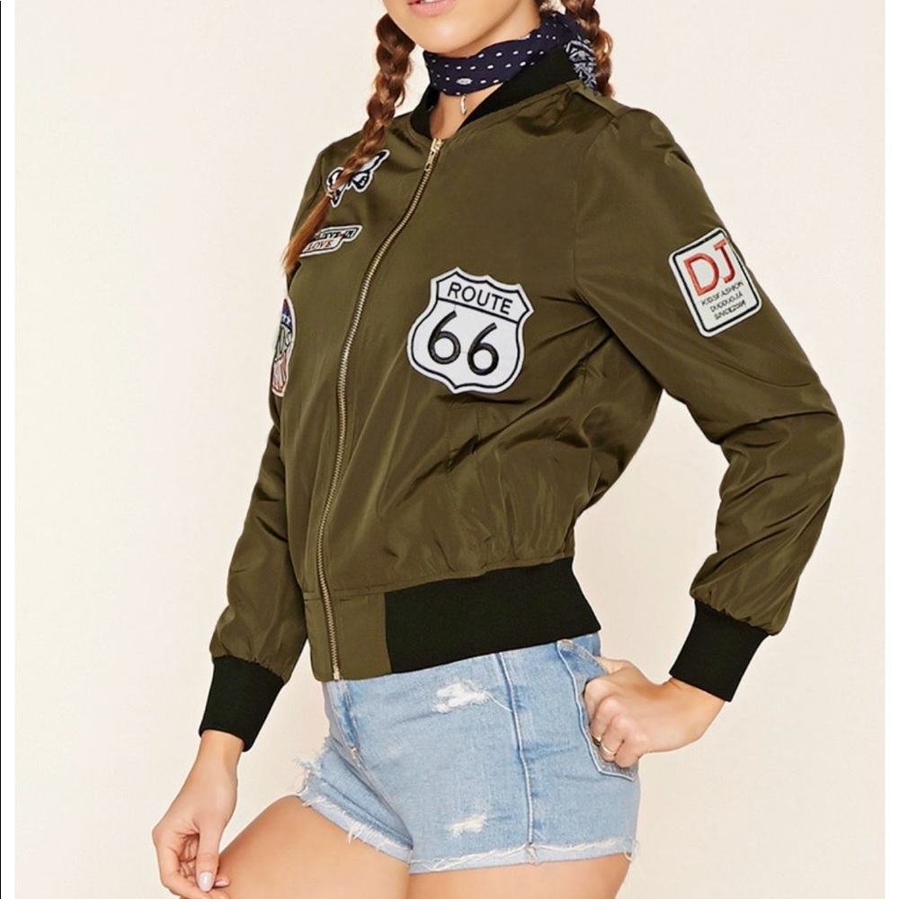 Forever 21 Olive Green Patched Bomber